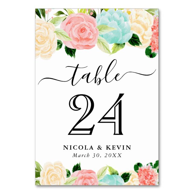 Numéro De Table Mariage Fleurs Rose et Menthe Aquarelle (Par défaut)