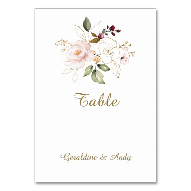 Numéro De Table Mariage Fleurs Rose Pâle Élégant Doré (Par défaut)