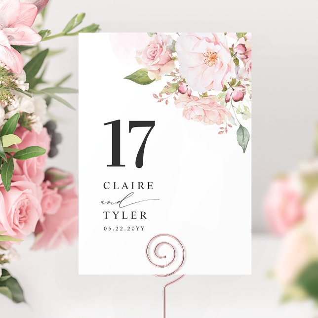 Numéro De Table Mariage Fleurs Rose Pâle et Or Rose (Créateur téléchargé)