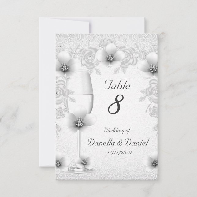 Numéro de table mariage Fleurs Roses d'argent blan (Devant)