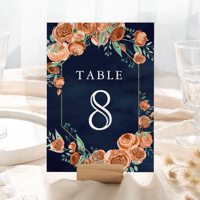 Numéro De Table Mariage Fleurs Roses Orange Brûlé Terreux Bleu Mar (Créateur téléchargé)