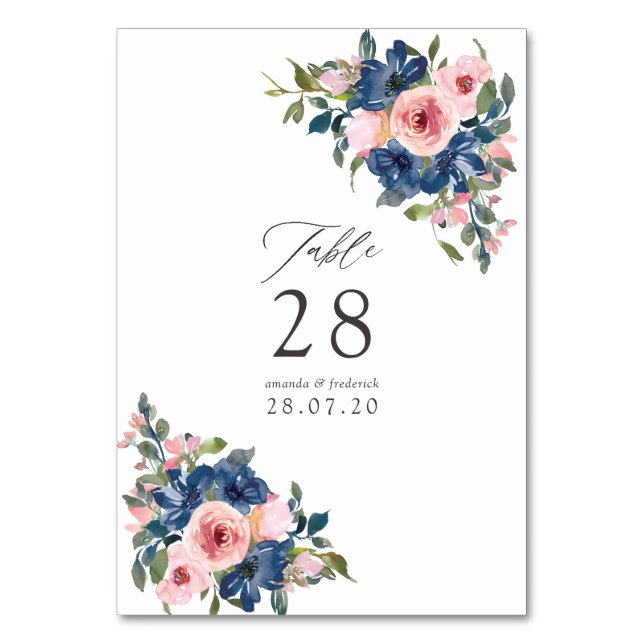 Numéro De Table Mariage floral à l'aquarelle bleu marine et rose b (Par défaut)