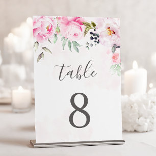 Numéro De Table Mariage Floral à l'aquarelle Rose Pivoine Rougeâtr