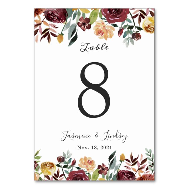 Numéro De Table Mariage Floral Aquarelle Orange Bourgogne Rustique (Dos)