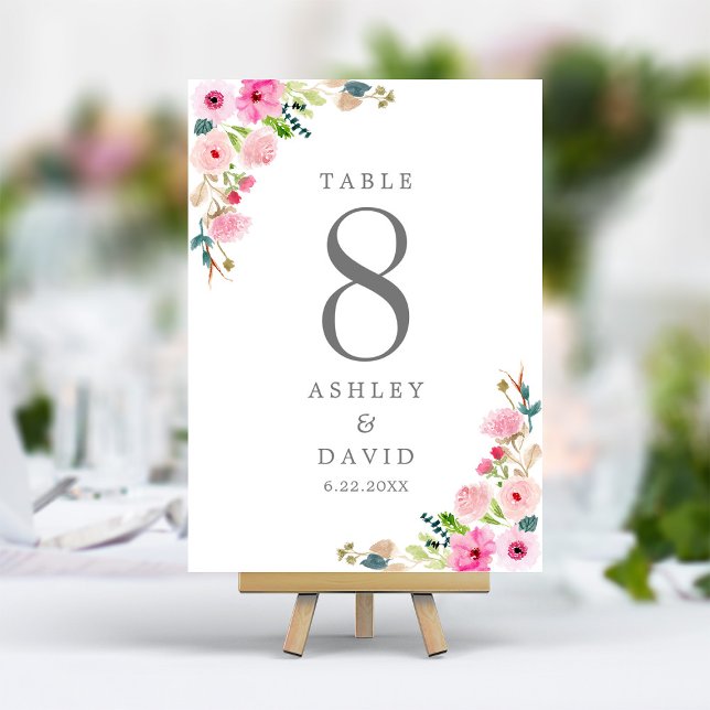 Numéro De Table Mariage Floral Aquarelle Rose Printemps (Créateur téléchargé)