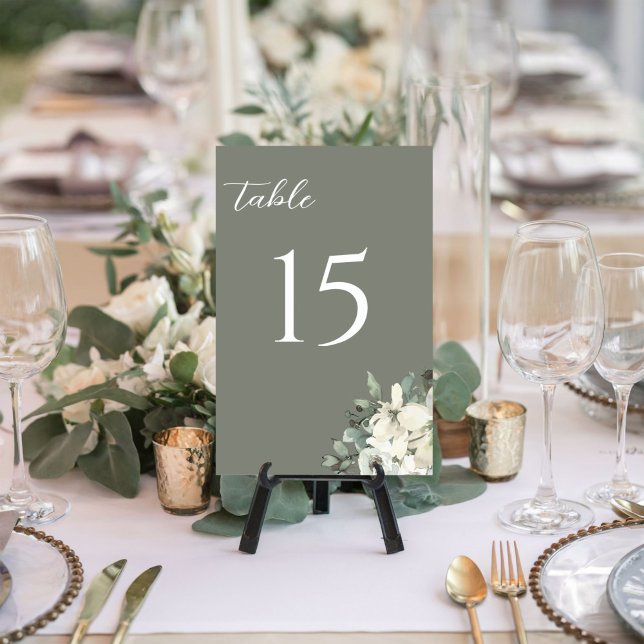 Numéro De Table Mariage Floral Aquarelle Vert Olive Moderne (Créateur téléchargé)