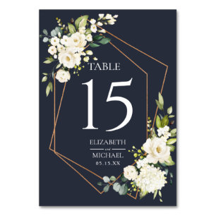 Numéro De Table Mariage floral blanc blanc bleu cuivré géométrique