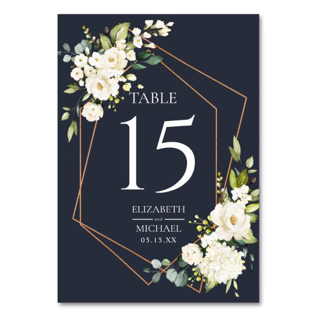 Numéro De Table Mariage floral blanc blanc bleu cuivré géométrique (Par défaut)