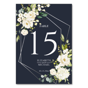 Numéro De Table Mariage floral blanc blanc bleu marine géométrique