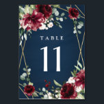Numéro De Table Mariage floral bleu marine Bourgogne bleu rose<br><div class="desc">Le design est composé d'un arrière - plan imprimé couleur marine foncé avec un cadre géométrique ou terrarium couleur or imprimé recouvert d'élégants eucalyptus et feuilles/branches vertes. De beaux pivoines et des éléments floraux roses dans les tons bordeaux, rouge, marsala et plus encore avec des touches de fleurs roses rousses...</div>