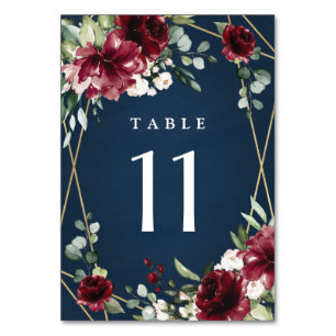 Numéro De Table Mariage floral bleu marine Bourgogne bleu rose
