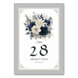 Numéro De Table Mariage floral bleu marine, crème et argent