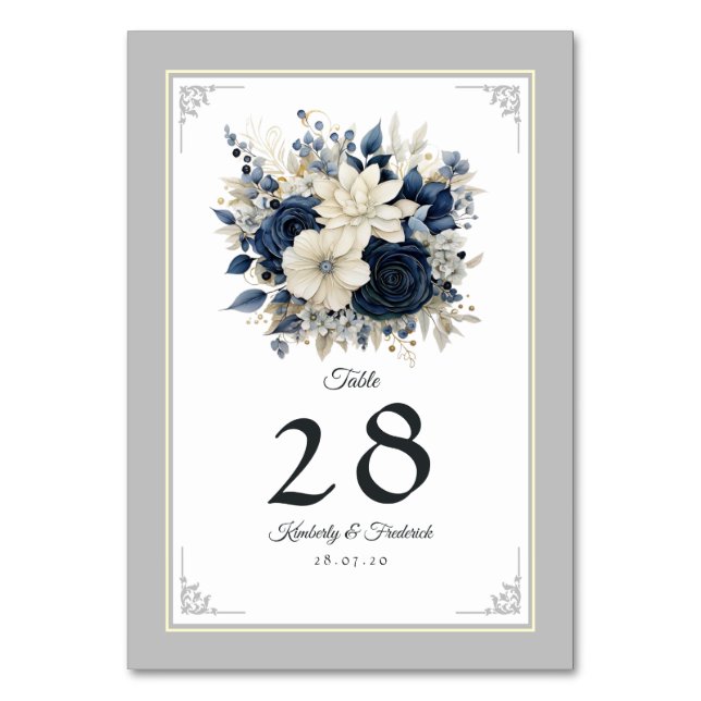 Numéro De Table Mariage floral bleu marine, crème et argent (Par défaut)