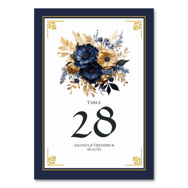Numéro De Table Mariage floral bleu marine et or (Par défaut)
