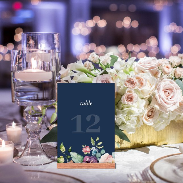 Numéro De Table Mariage floral bleu marine moderne Numéro de la ca (Créateur téléchargé)