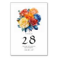 Mariage floral bleu, orange, jaune et rouge