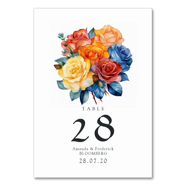 Numéro De Table Mariage floral bleu, orange, jaune et rouge (Par défaut)