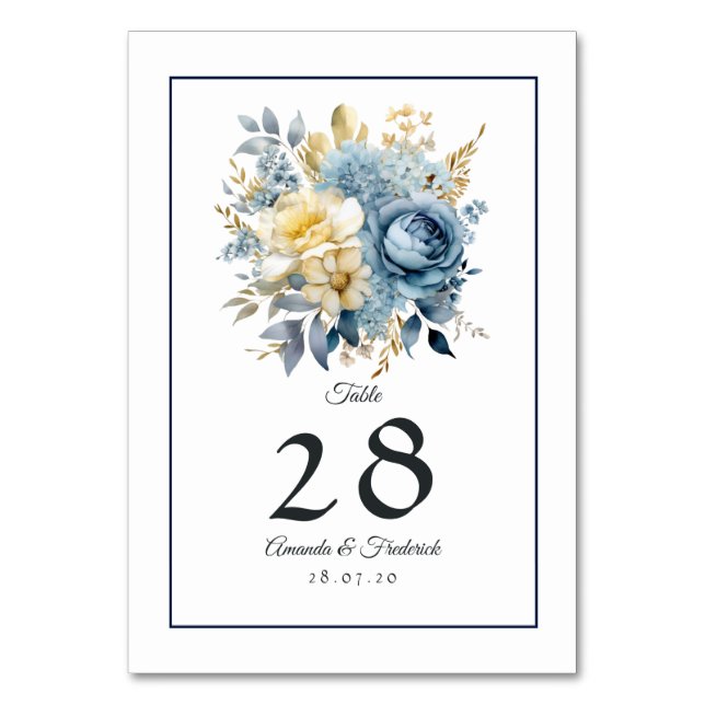 Numéro De Table Mariage floral bleu poussiéreux et or (Par défaut)