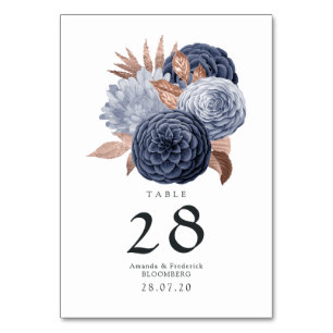 Numéro De Table Mariage floral bleu poussiéreux et or rose