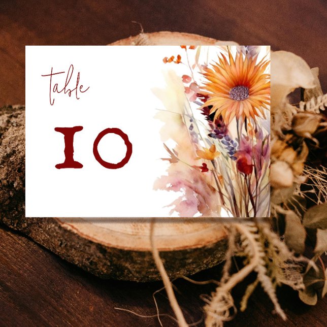 Numéro De Table Mariage floral Boho d'automne | Blanc (Autumn Boho Floral White Wedding Reception Table Number Card)