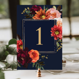Numéro De Table Mariage Floral Bordeaux Orange Marine Sombre