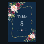 Numéro De Table Mariage Floral Bourgogne Bleu Nuit Or<br><div class="desc">Conception de carte élégante avec de magnifiques bouquets de fleurs de merlot et de bleu nuit à l'aquarelle, cadre en faux or, séparateur floral unique, belle écriture manuscrite et polices spéciales. Cela pourrait être un excellent choix pour un mariage à n'importe quelle saison, en particulier pour les mariages d'automne et...</div>