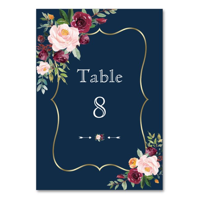 Numéro De Table Mariage Floral Bourgogne Bleu Nuit Or (Par défaut)