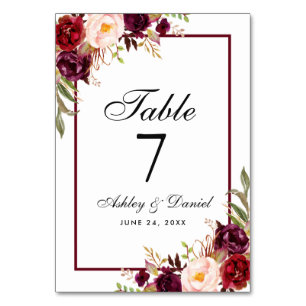 Numéro De Table Mariage floral d'aquarelle de Bourgogne