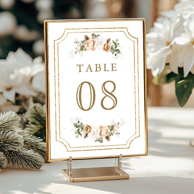 Numéro De Table Mariage floral de Noël blanc d'or d'ivoire (Créateur téléchargé)