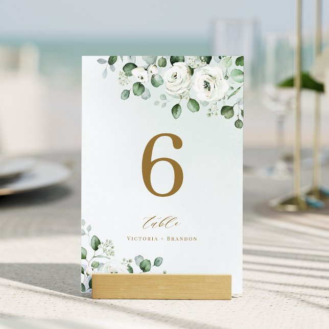 Numéro De Table Mariage floral de verdure d'eucalyptus or vert (Green gold eucalyptus greenery floral wedding table number)