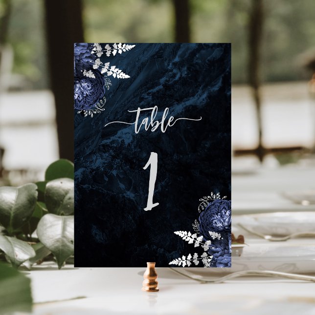 Numéro De Table Mariage Floral Élégant Bleu Nuit Argent (Créateur téléchargé)
