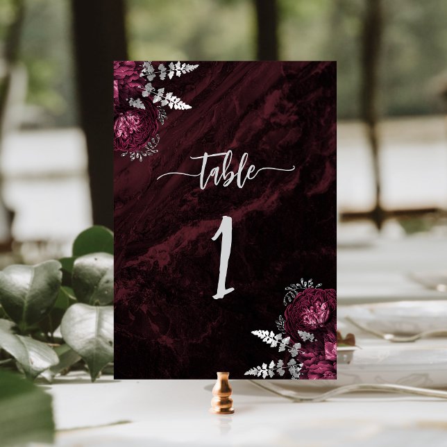 Numéro De Table Mariage Floral Élégant Bourgogne Argent (Créateur téléchargé)