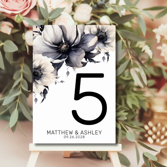 Numéro De Table Mariage Floral Élégant Moderne Noir Blanc (Modern Elegant Floral Black White Wedding Table Number)