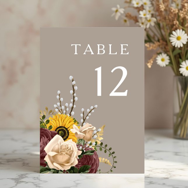 Numéro De Table Mariage Floral Élégant Taupe (Elegant Taupe Floral Wedding Table Number)