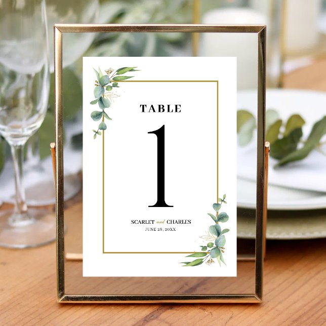 Numéro De Table Mariage floral géométrique à la verdure d'eucalypt (Eucalyptus greenery geometric table number guides guests with modern botanical style.)