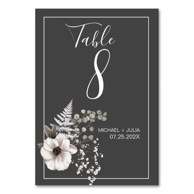 Numéro De Table Mariage floral gris foncé et blanc (Par défaut)
