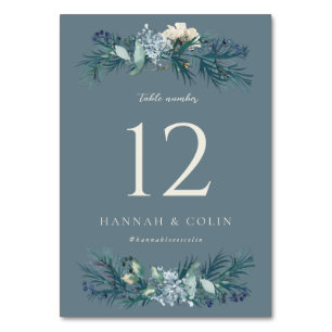 Numéro De Table Mariage Floral Hivernal Gris Bleu Poussiéreux