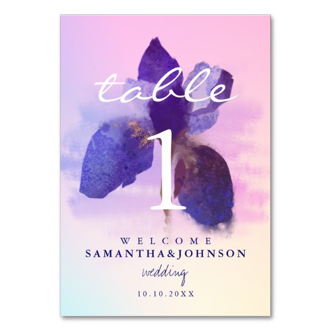 Numéro De Table Mariage floral Iris aquarelle rose violet ombré (Par défaut)
