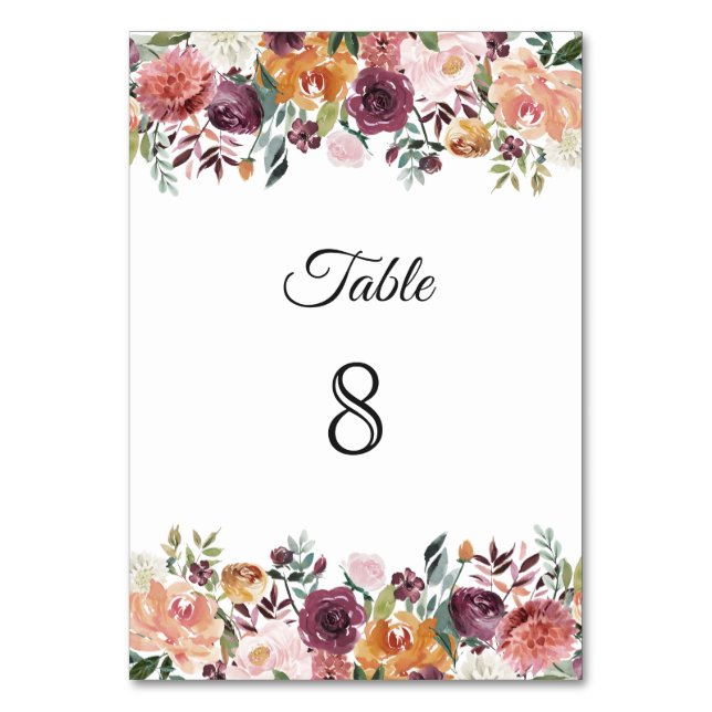 Numéro De Table Mariage Floral Ivory Rouge-Bourgogne Bordures (Par défaut)