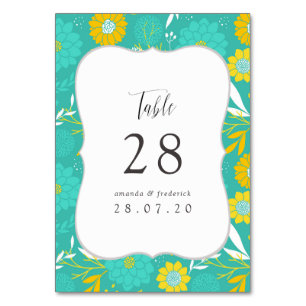 Numéro De Table Mariage floral jaune et Turquoise