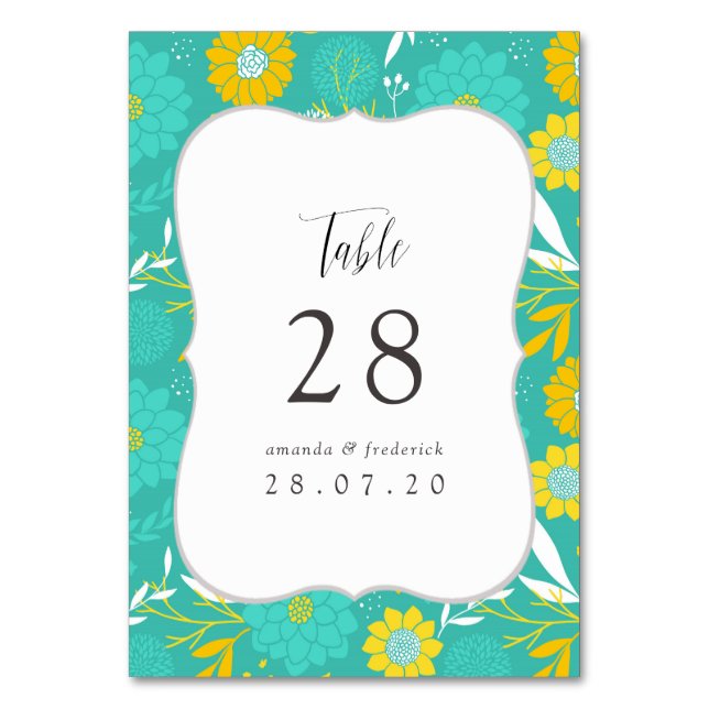 Numéro De Table Mariage floral jaune et Turquoise (Par défaut)
