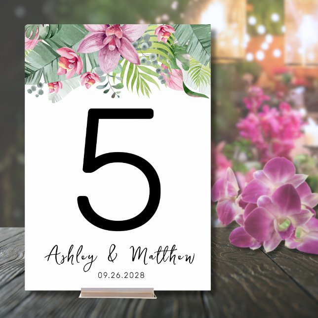 Numéro De Table Mariage floral moderne élégant (Modern Beach Elegant Palm Floral Tropical Wedding Table Number)