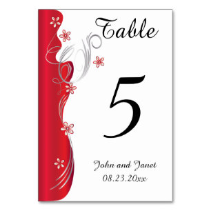 Numéro De Table Mariage floral moderne   Rouge profond et argent
