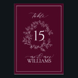 Numéro De Table Mariage floral Monogramme de la crête feuillue de<br><div class="desc">Élevez votre décor de réception avec ces numéros de table magnifiquement conçus, avec une crête de monogramme feutrée sophistiquée. L'arrière - plan bordeaux profond dégage chaleur et élégance, guidant les hôtes sans effort vers leurs sièges tout en se mélangeant harmonieusement dans un cadre raffiné. Conçu pour les mariages avec une...</div>