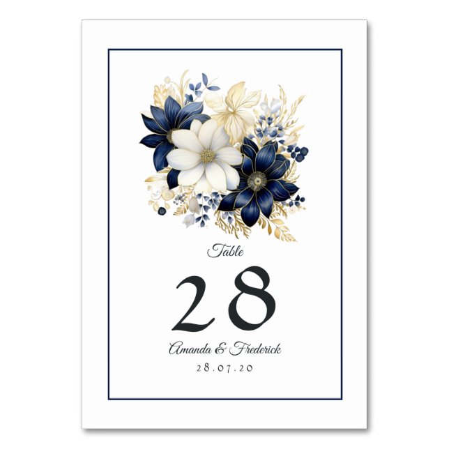 Numéro De Table Mariage floral Navy, Blanc et Or (Par défaut)
