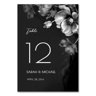 Numéro De Table Mariage floral noir argenté