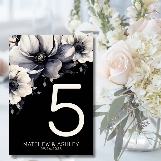 Numéro De Table Mariage Floral Noir Élégant Moderne (Modern Elegant Floral Black White Wedding Table Number)