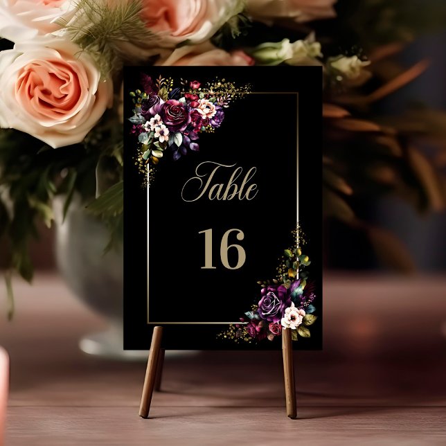 Numéro De Table Mariage floral noir pourpre bordeaux (Créateur téléchargé)