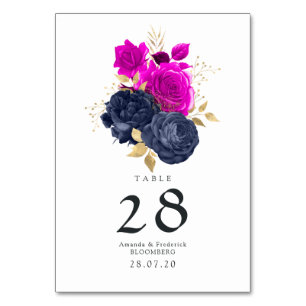 Numéro De Table Mariage floral or et marine magenta