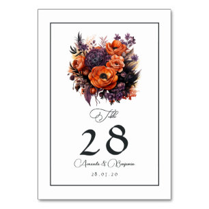 Numéro De Table Mariage floral orange brûlé, violet foncé et noir
